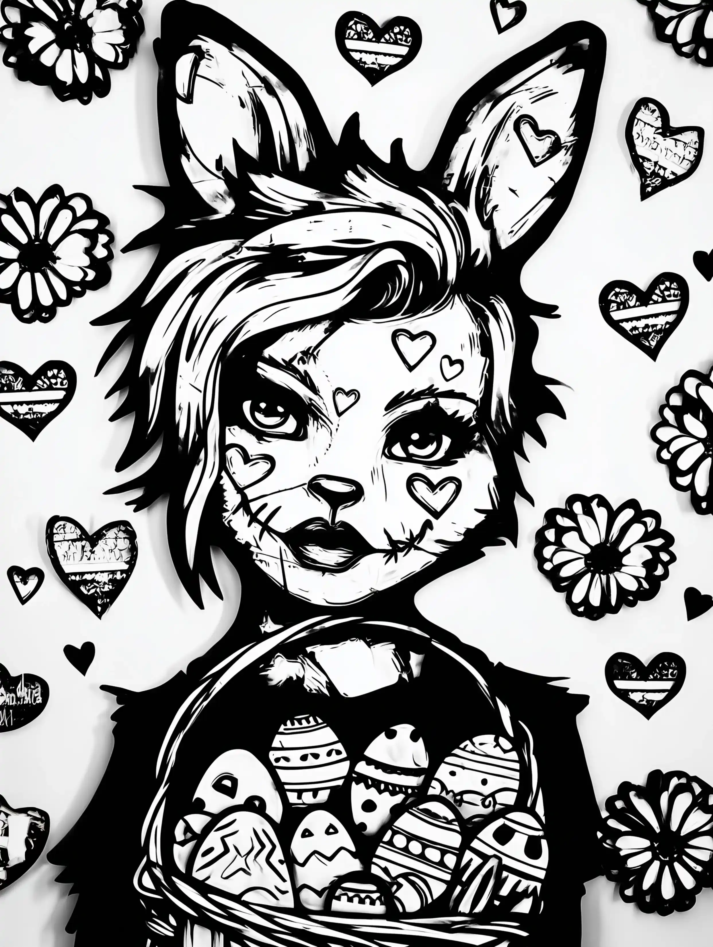 Free printable rabbit coloring page for adults featuring a zombie rabbit with a basket of eggs